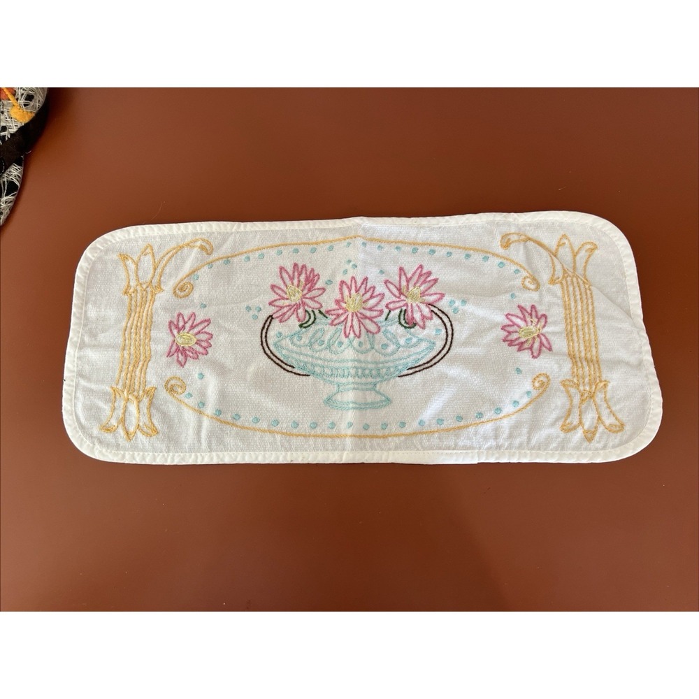 Vintage 1930s 1940s Embroidered Dresser Scarf Linen Floral Basket Thread‎ trim